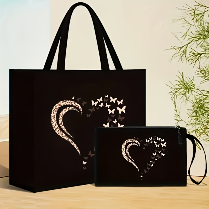 TEMU Stylish Heart And Print Tote Bag With , Large Capacity Handbag Set Of 2pcs, Magnetic Closure, Lined, Black, Suitable For Travel And Daily Use