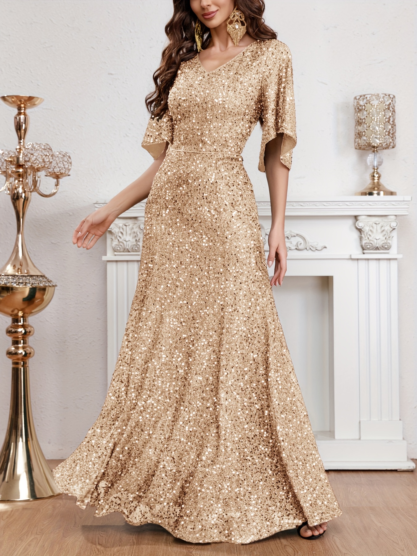 Elegante gouden sequin V-hals bruidsmeisjesjurk lange mouwen, A-lijn  silhouet, losse pasvorm, zomer bruiloft feestjurk voor vrouwen,  bruiloftsgast