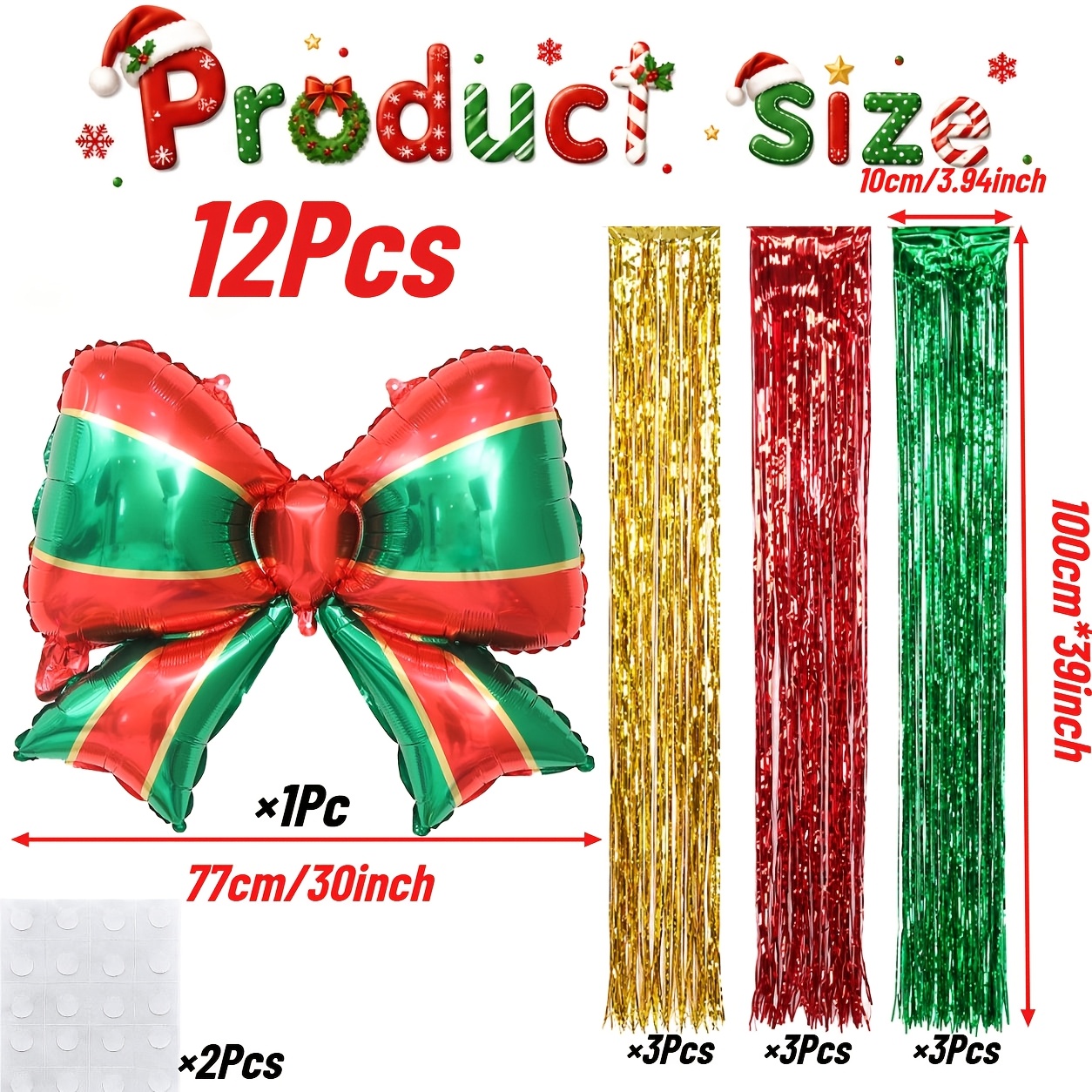 TEMU 12pcs Set Of 30-inch Christmas Bow Balloons In 3 Colors With Tassels, Adhesive Dots Included, Golden Tassels, Red Tassels, And Green Tassels,