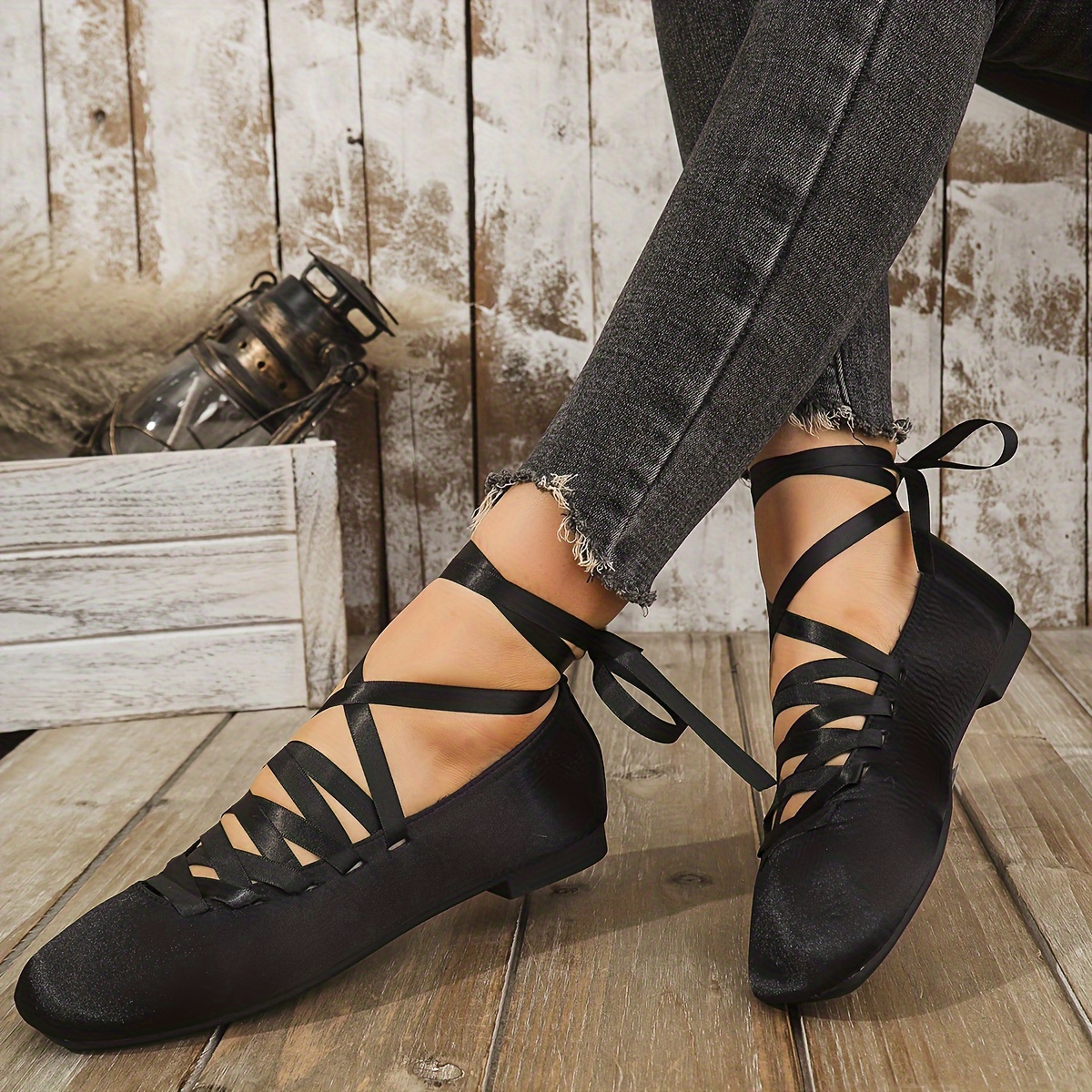 Women's Black Soft Sole Ballet Flats with Cross Strap Laces, Non-Slip  Lightweight Dance Shoes for Spring, Ankle Support Stylish Design, Ball