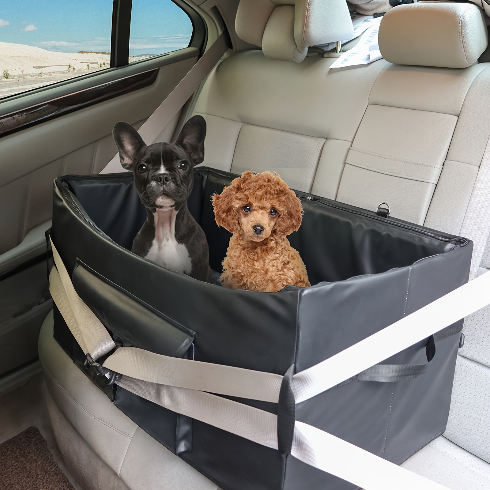 

Dog Booster Seat For 2 Small Dogs Or Medium Dog, Dog Car Seat With 2 Safety Belt, Upgraded/pu Leather/waterproof/anti-odour Puppy Car Seat