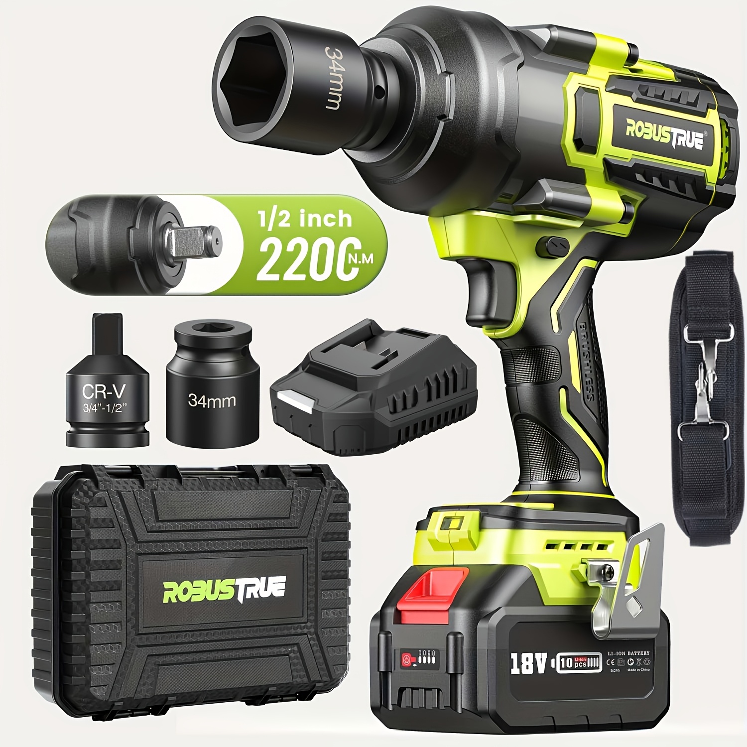 Image of Robustrue 2200nm Brushless Impact Wrench Kit | 1500 Ft-lbs High Torque, 5.0ah Fast Charging Battery & Industrial Socket Set | Heavy Duty For Truck/trailer Agriculture | Rust Removal ()