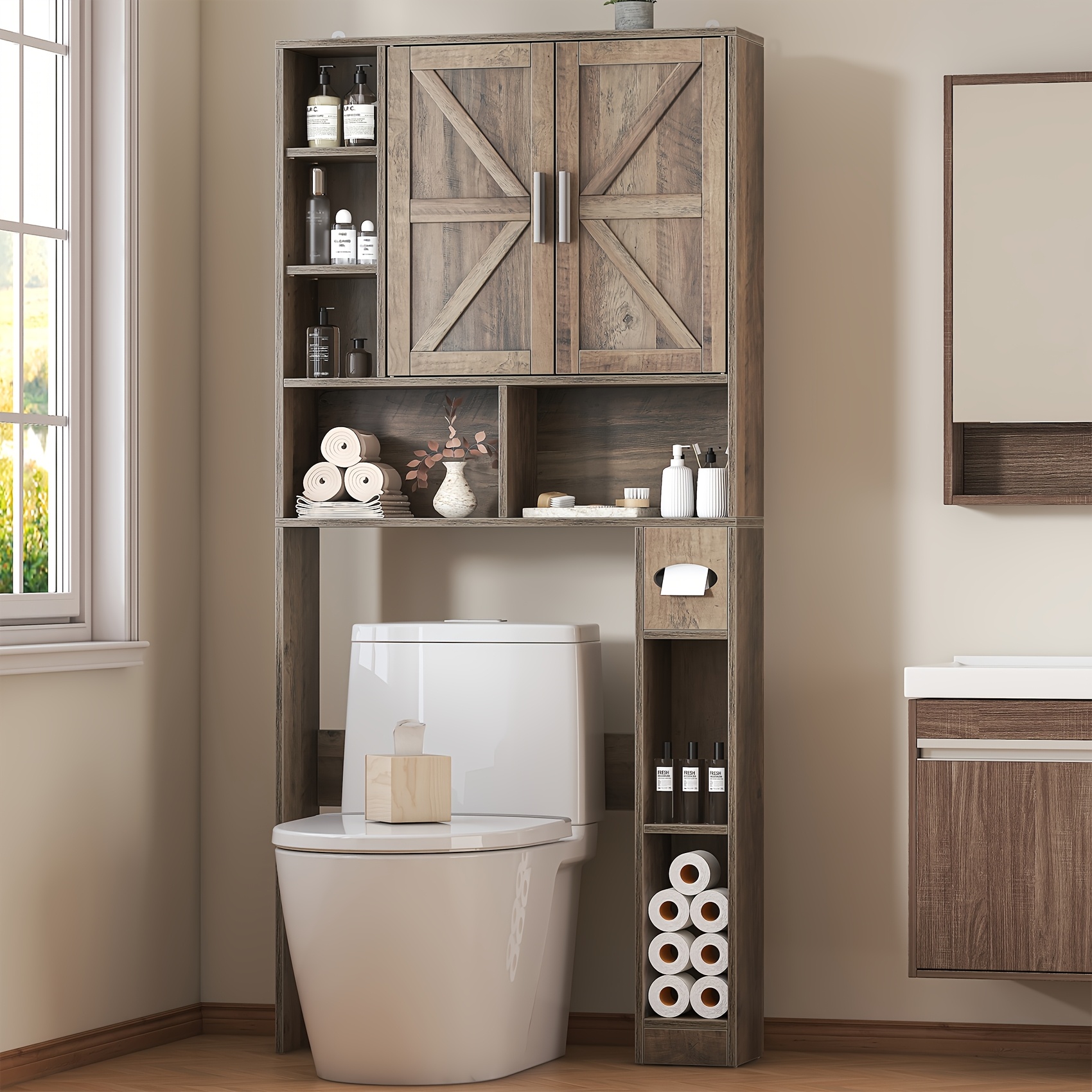 TEMU Over The Toilet Storage Cabinet, Farmhouse Storage Cabinet Over Toilet With 2 Barn Door & Toilet Paper Holder Stand, -saving Toilet Rack, For Bathroom, Restroom, Laundry