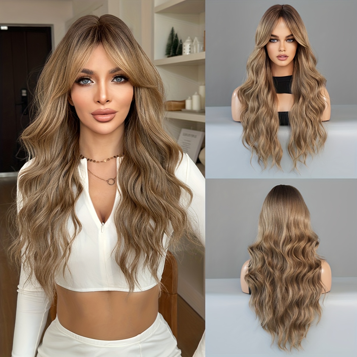 synthetic part blonde wig dark roots long wavy curly - Temu  display picture 3