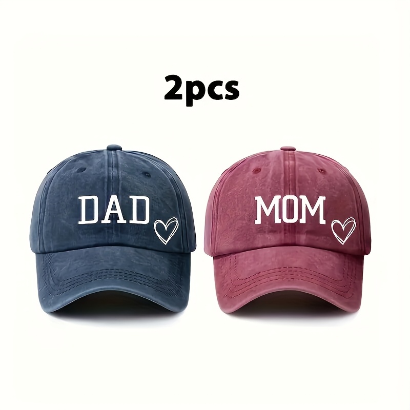 TEMU 2pcs Pack Dad + Mom Love Letter Print Baseball Caps - Buy 1 Get 1 Free Adjustable Trucker Hats Suitable For Sports, Camping, Fishing - Matching