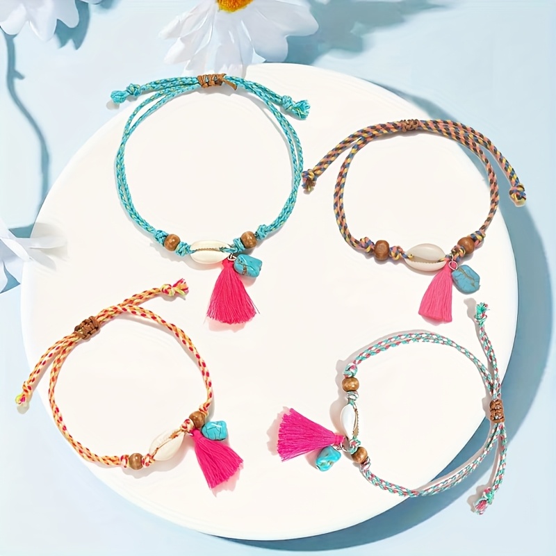 Women's Woven Anklet with Shell Tassel & Turquoise Pendant