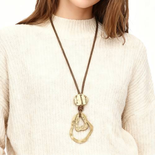 1 boho style brown leather geometric irregular round hollow long pendant necklace 14k golden plated alloy suitable for daily wear and