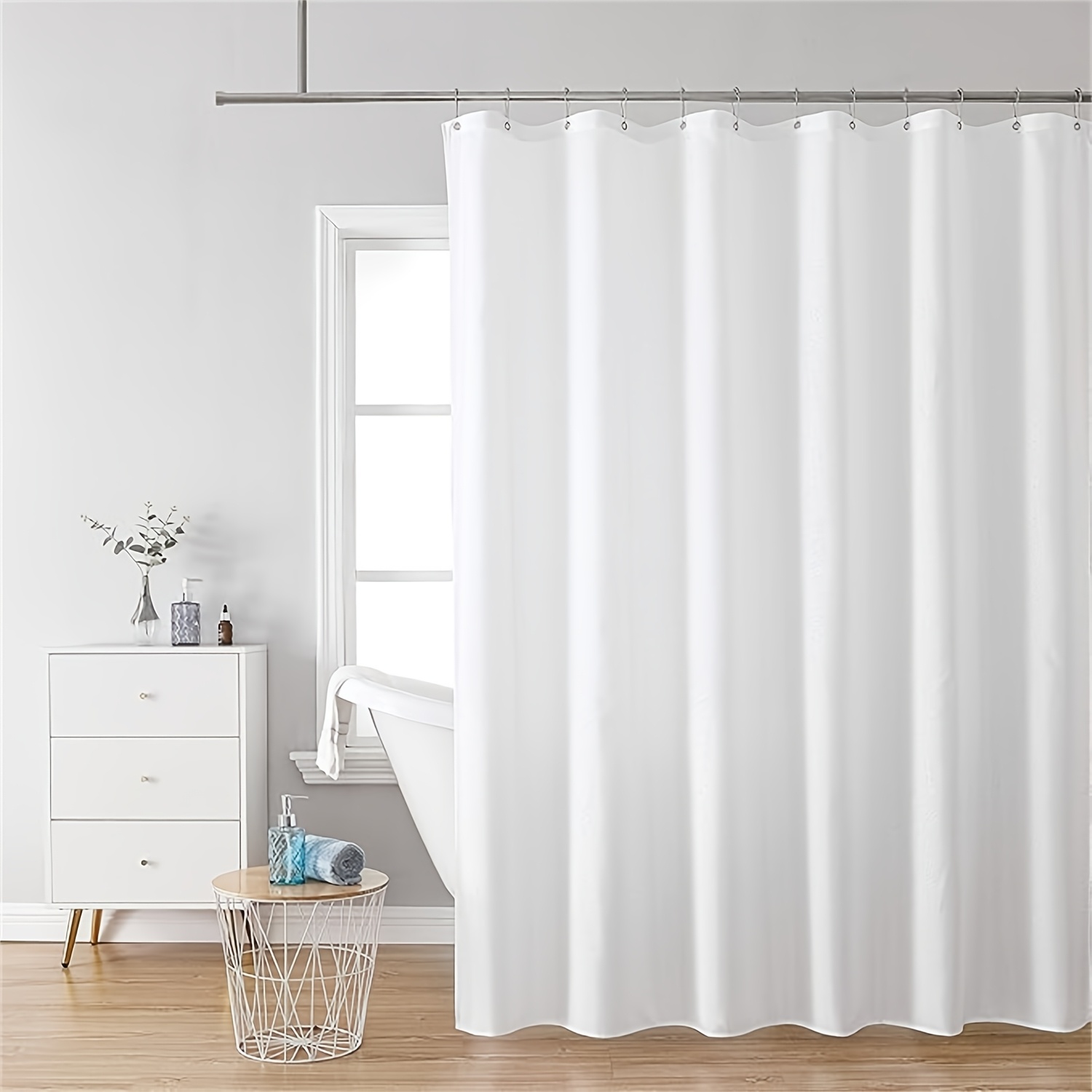 

White Waterproof Fabric Shower Curtain Liner With 2 Magnets - Grade Curtain Liner, Lightweight, Machine Washable - Standard Size 71x71, With 12 Hooks
