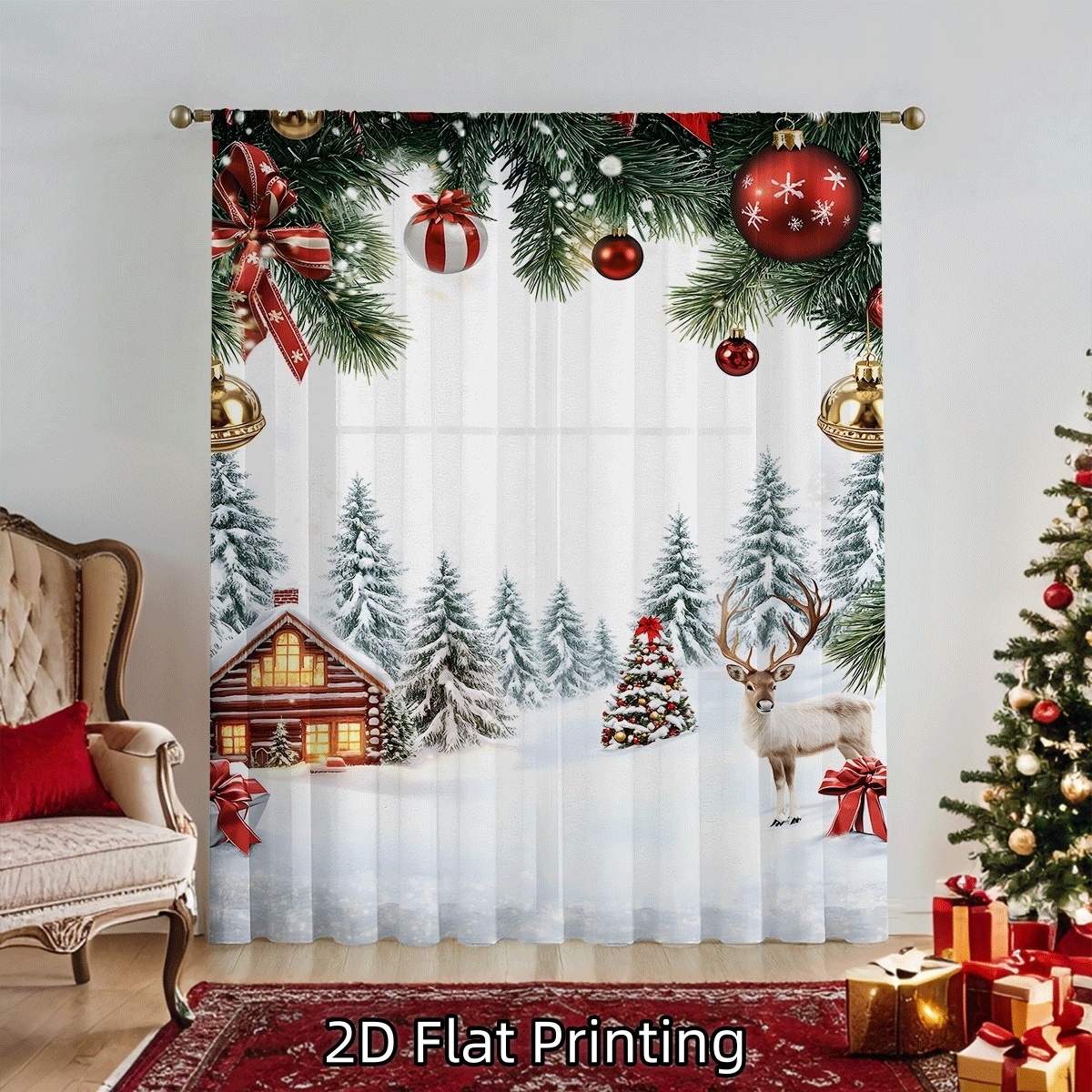 TEMU 2d Flat, 1pc 2d Flat Christmas Sheer Curtain, Featuring Christmas Elements Such As Christmas Trees And Reindeer - Made Of Soft Microfiber With A