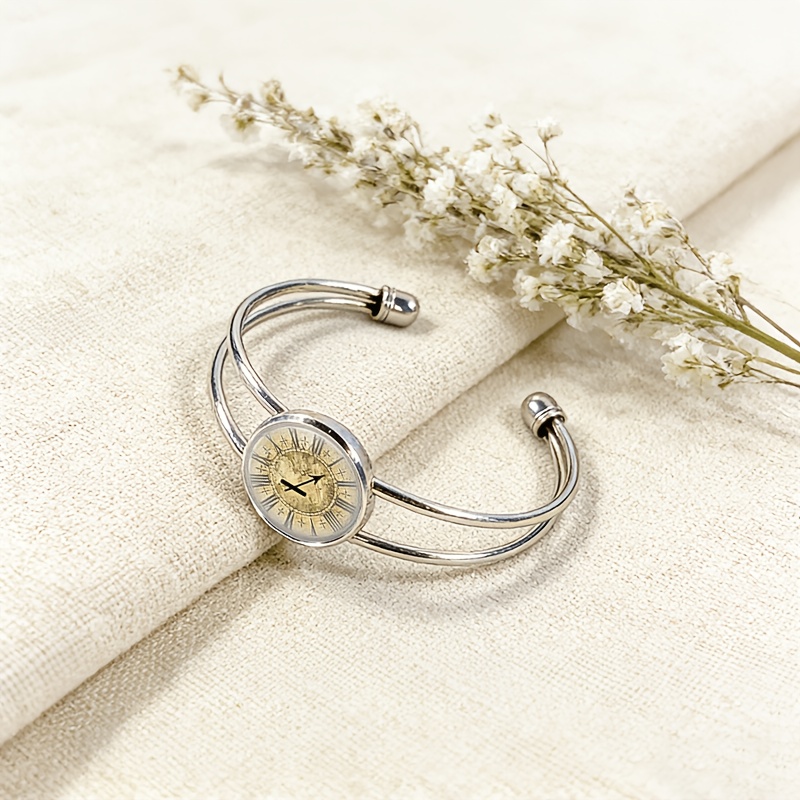 Adjustable Open Bangle with Round Time Gemstone Inlay, Vintage Style