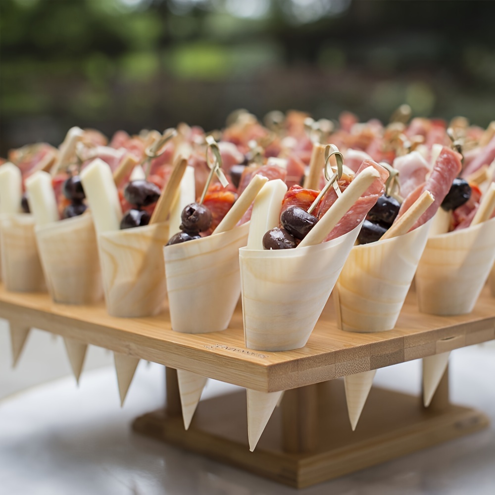 100pcs of disposable wooden food cones with   wooden skewers suitable for parties   dessert cones appetizers snacks   etc ideal for weddings birthdays graduations and more