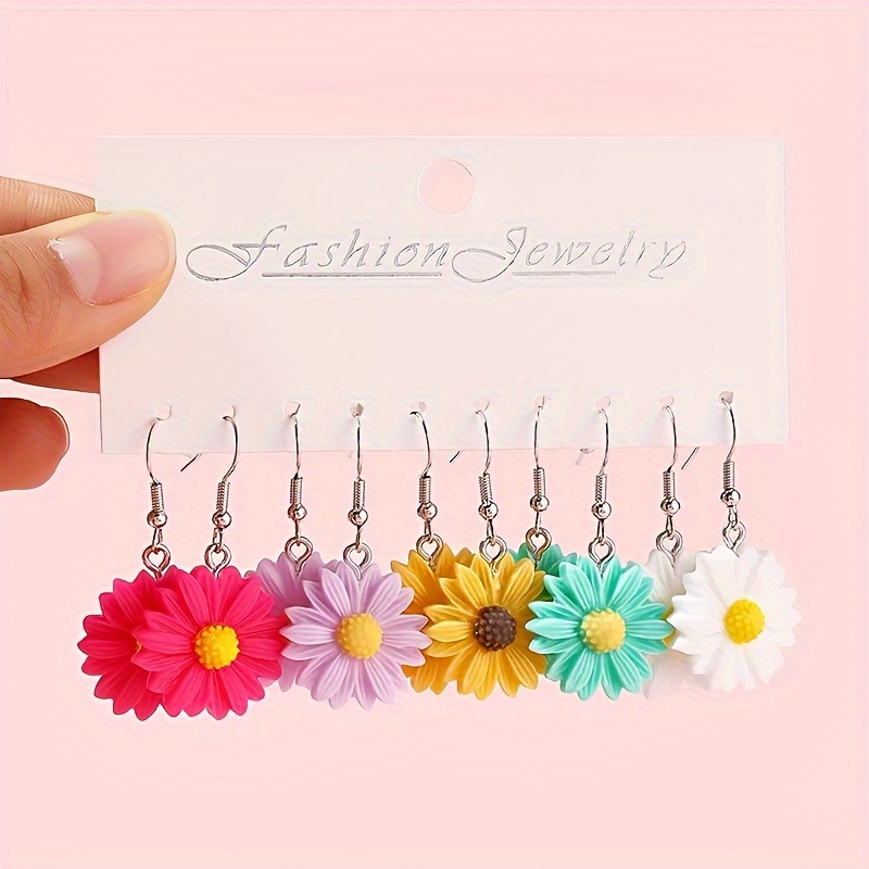 

5 Pairs Daisy Flower Drop Earrings Set, Colorful Fashion Jewelry For Female, Cute & Simple Style, Perfect Gift Accessory