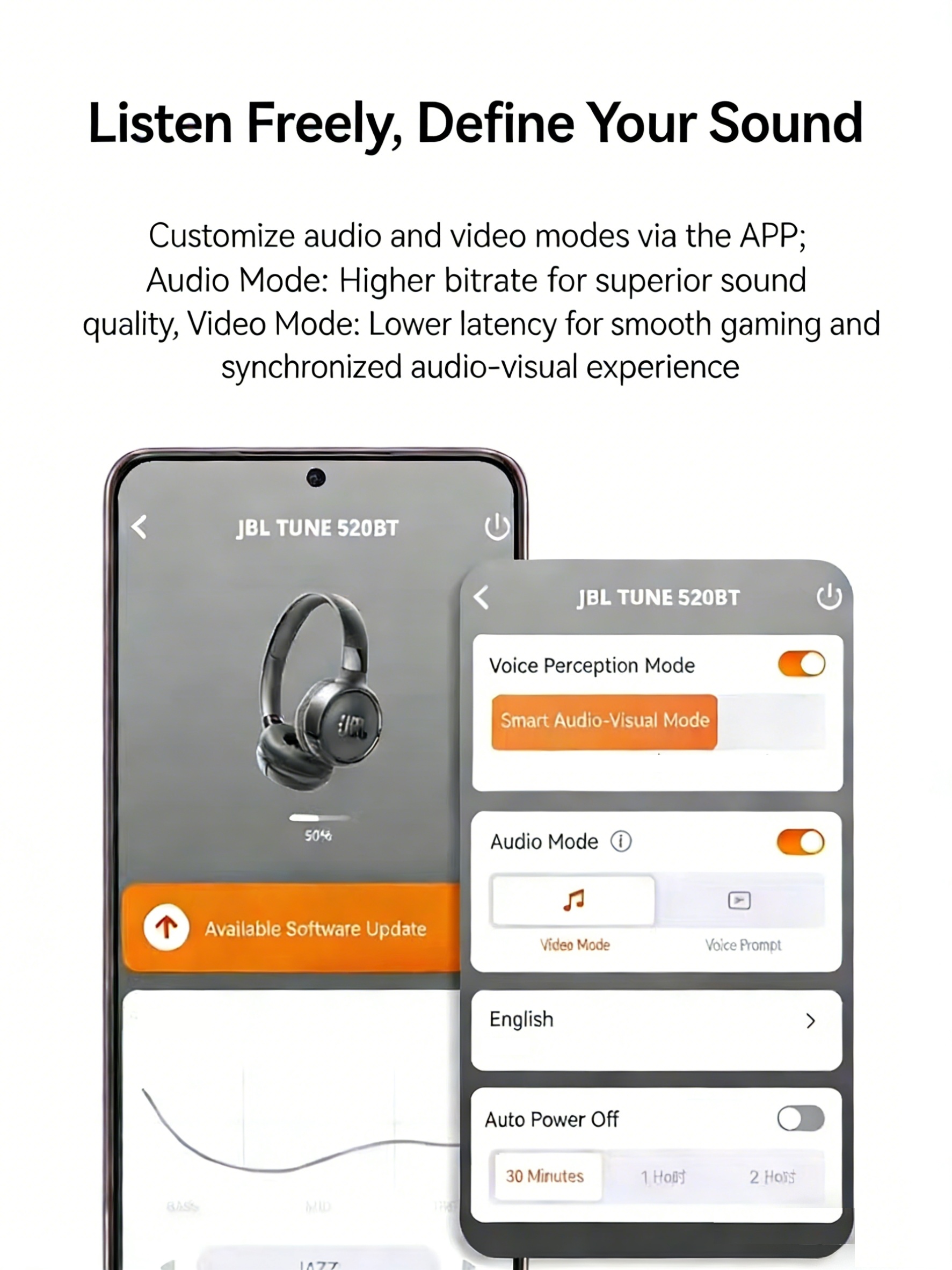 JBL Tune 520 BT, On-Ear Wireless Headphones, Pure Bass, 33Mm Dynamic Driver, Restoring Music Details, Call Noise Reduction, JBL APP, Multi-Scene, Suitable for Pop/Rock And Other Genres