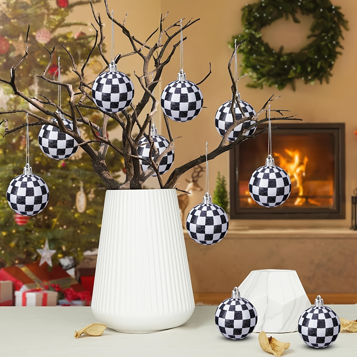 

12pcs Black & White Hanging Ornaments, 2.4" Shatterproof Christmas Tree Decorations For Holiday Parties - Halloween, Thanksgiving &