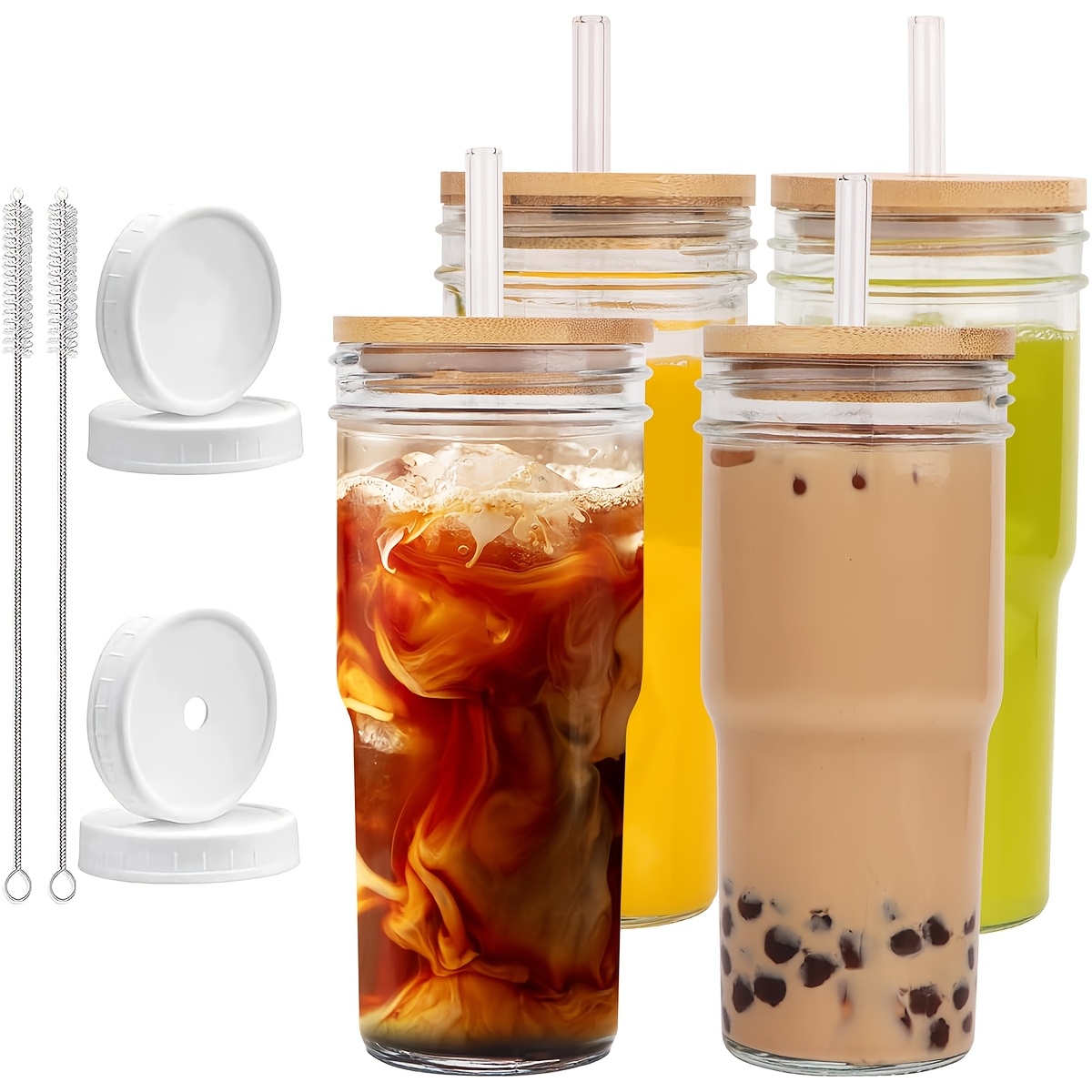TEMU 12pcs Glasses (4 White + 4 Wooden + 4 Glasses), Mason Jar Mugs, Storage Jars, 24 Oz Smoothie Glasses, Reusable Iced Coffee Mugs, Boba Mugs, Perfect Christmas Gift, New Year's Gifts