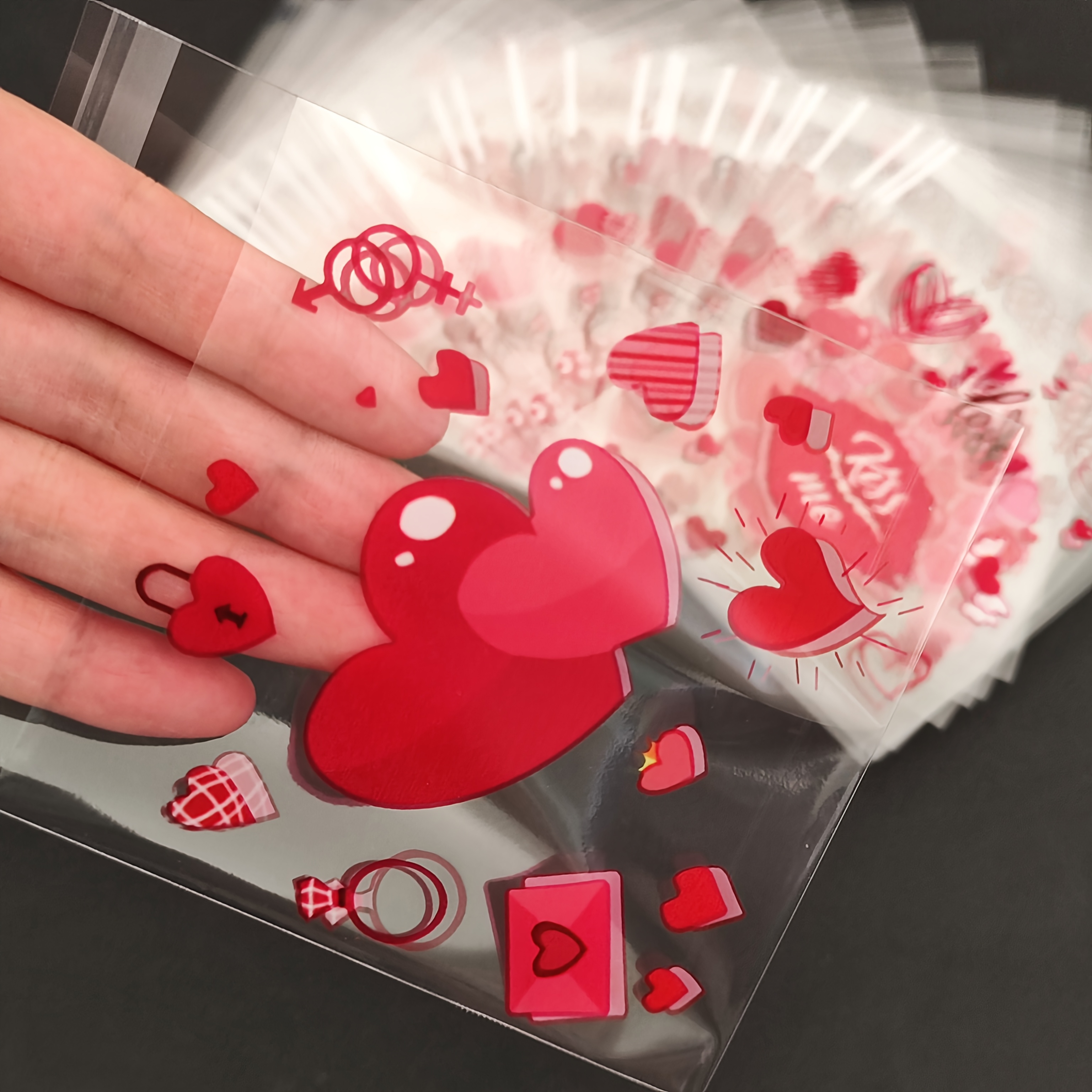 

100pcs Valentine's Day Self-adhesive Plastic Gift Bags Heart Print, Transparent Party Favor Bags For Wedding, Engagement, Anniversary, Celebrations