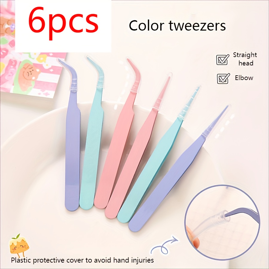 

6pcs Diy Colored Pointed Elbow Clip Macaron Pink Eyelashes Handmade Hand Account Tweezers Stainless Steel Tweezers