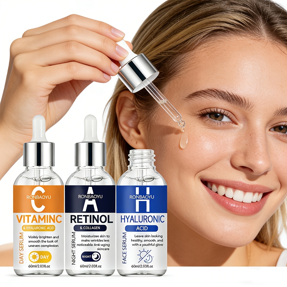 RONBAOYU Set Triplu Seruri 3 Bucăți cu Vitamina C, Retinol, Acid Hialuronic, Colagen, Acid Tranexamic, Niacinamidă și Glutation, pentru Luminozitate, Fermitate, Hidratare Profundă, pentru Toate Tipurile de Piele, Utilizare Zi și Noapte, Esențial pentru Călătorii