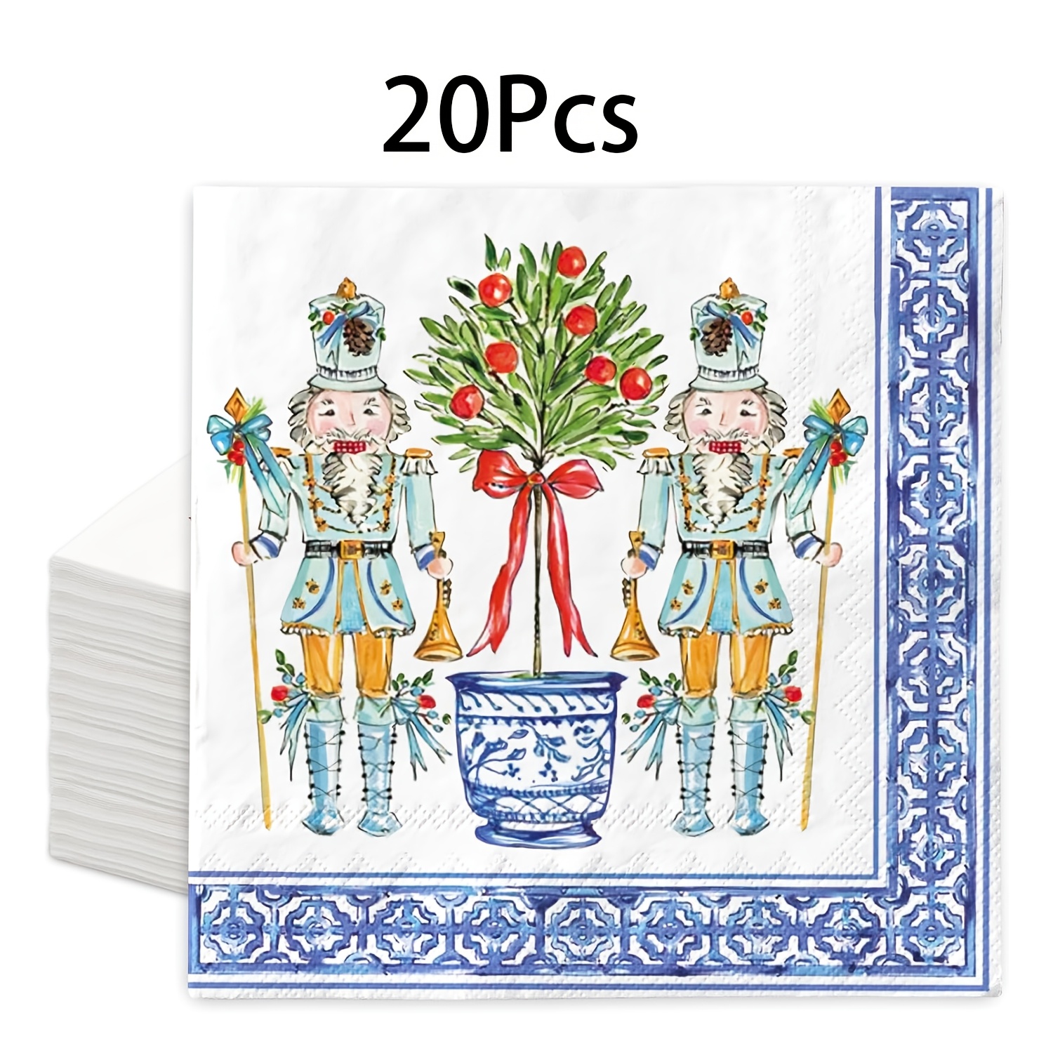 TEMU 20-60pcs, Blue Chinoiserie Nutcracker Christmas Disposable Paper Napkins, 2ply 6.5inch Watercolor Nutcracker And Topiary Tree Blue Porcelain