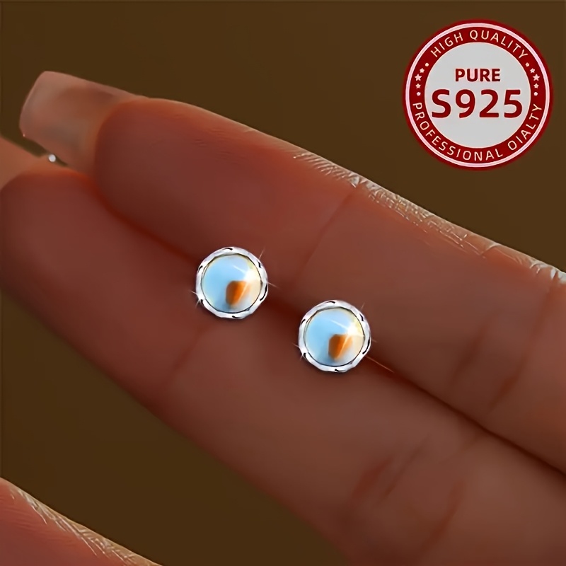Women's 925 Sterling Silver Round Moonstone Stud Earrings