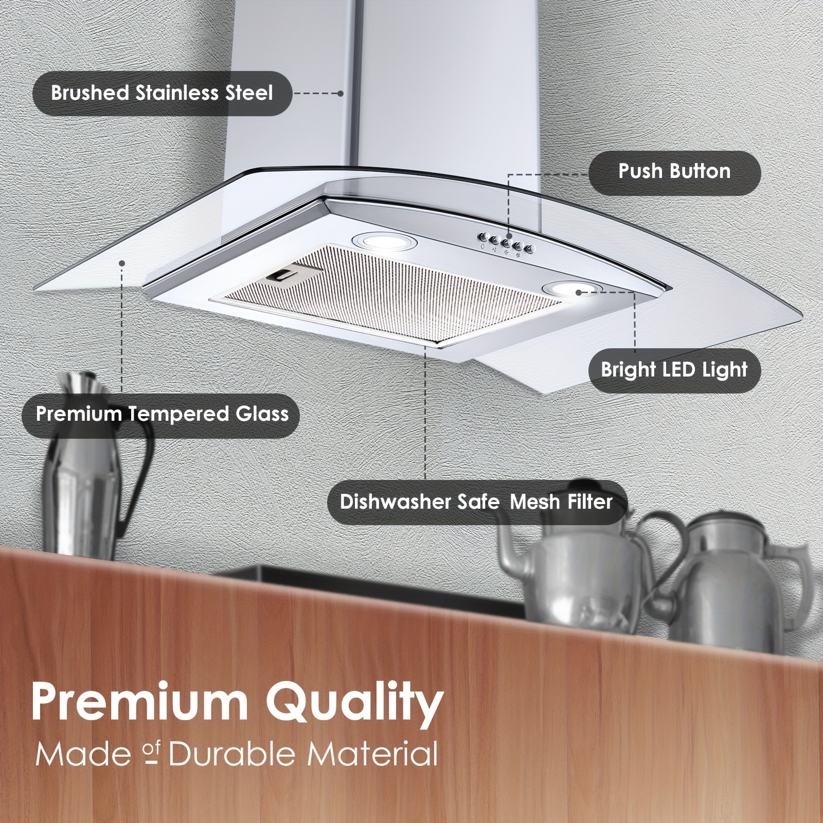 

Range Hood 30 Inch, Wall Mount Kitchen Hood, Stainless Steel Chimney And Aluminum Filters, Led Lights, 3 , Push Button