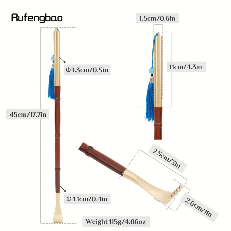 wooden scratcher back massager ergonomic handle with blue ribbon smooth curved design for reach areas durable red golden for personal use tool selfmassage aid elegant personal care polished wood durable wood craft wood home relaxation Product details 2