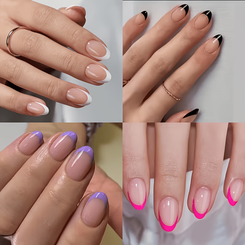 TEMU 96pcs Short Oval French Tip Press On Nails, Purple/pink/ French Tip Soft Gel Nail Tips, Fake Nails Set, False Nails Easy And Versatile Style In