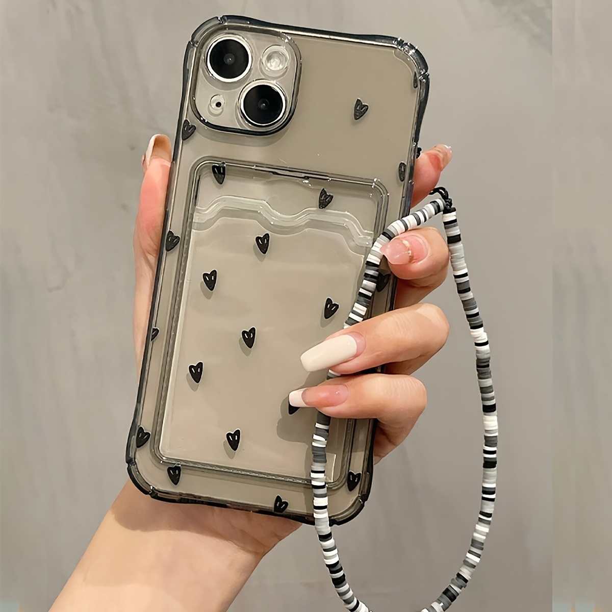 TEMU Étui de téléphone : Porte-cartes avec breloque cœur et bracelet : Porte-cartes à couverture complète de l'objectif, compatible avec l'étui Apple
