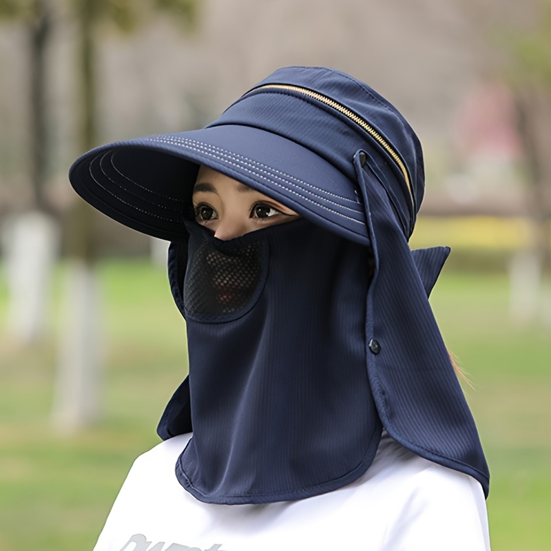 Summer Sun Hat Neck Flap Face Mask Solid Color Uv Protection