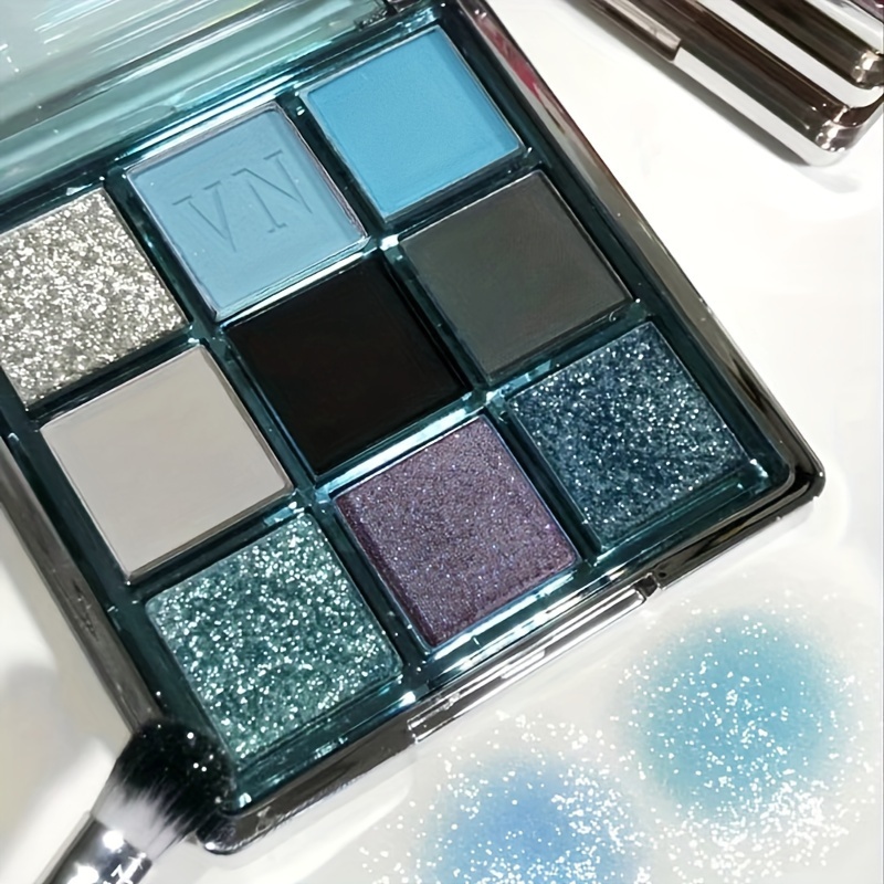 

Blue Sky 9 Color Eyeshadow Palette, Matte Pearly Glitter Finish, Waterproof And Sweat Proof, Long Lasting Makeup Holding Blue And Black Smoke Eye Shadow