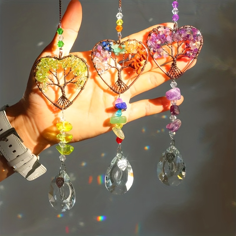 Image of 3-pack Suncatcher Kits, Tree Of Life Heart-shaped Pendant With Chakra Stone Beads, Glass Prism Hanging Decor For Garden, Home