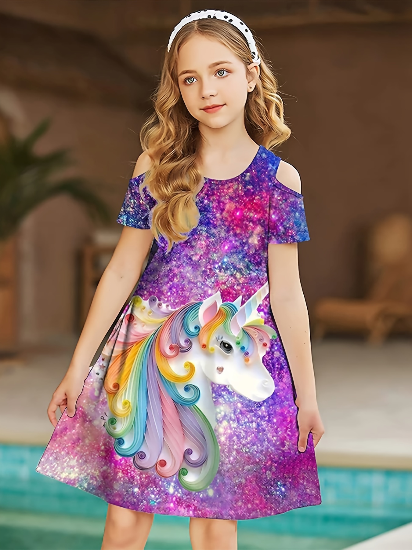 fashionable girls shoulder dress rainbow unicorn - Temu