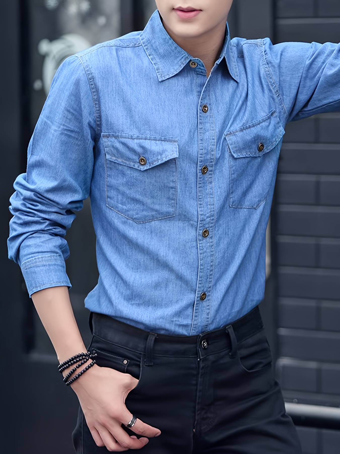 Korean Style Men's Long Sleeve Thin Fit Casual Denim Shirt for Spring and Autumn, Workwear Jacket