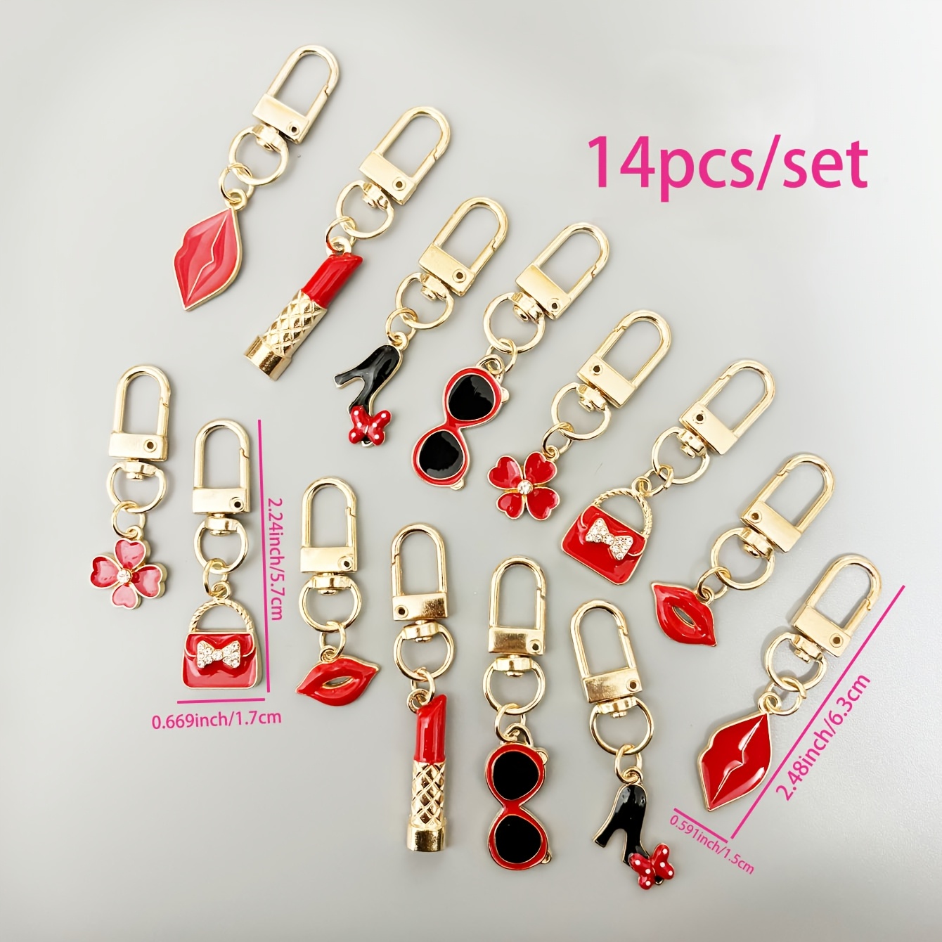 E-shop 14-tlg. Lippen-Tasche Lippenstift Brille Vierblättriges Kleeblatt Schlüsselanhänger, Damen-Schlüsselring, Schlüsselkette,