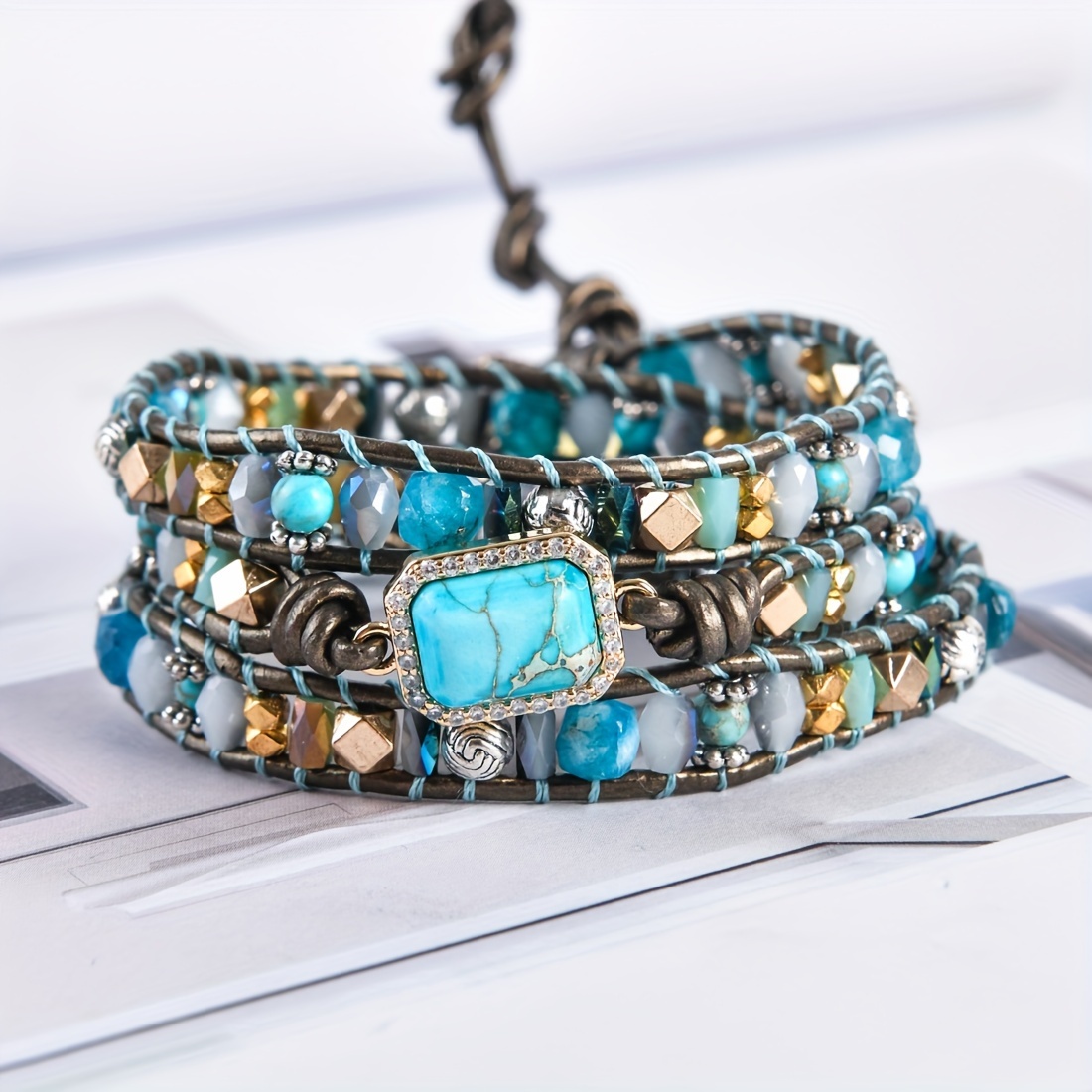 

Bohemian Style Handmade Wrap Bracelet With Blue And Crystal Beads, 3-layer Leather Cord Boho Chic Jewelry