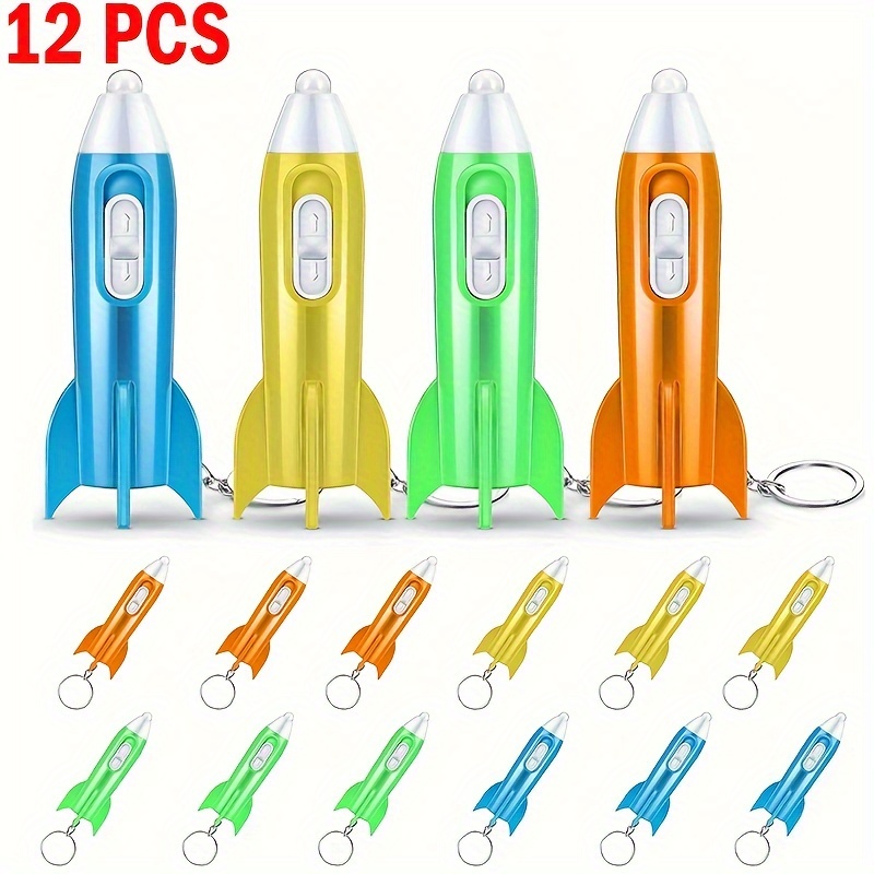 

12-pack Mini Rocket Led Flashlight Keychains - Space-themed Party Favors, Includes Batteries, Perfect For Outer Space Birthday Parties & Gifts