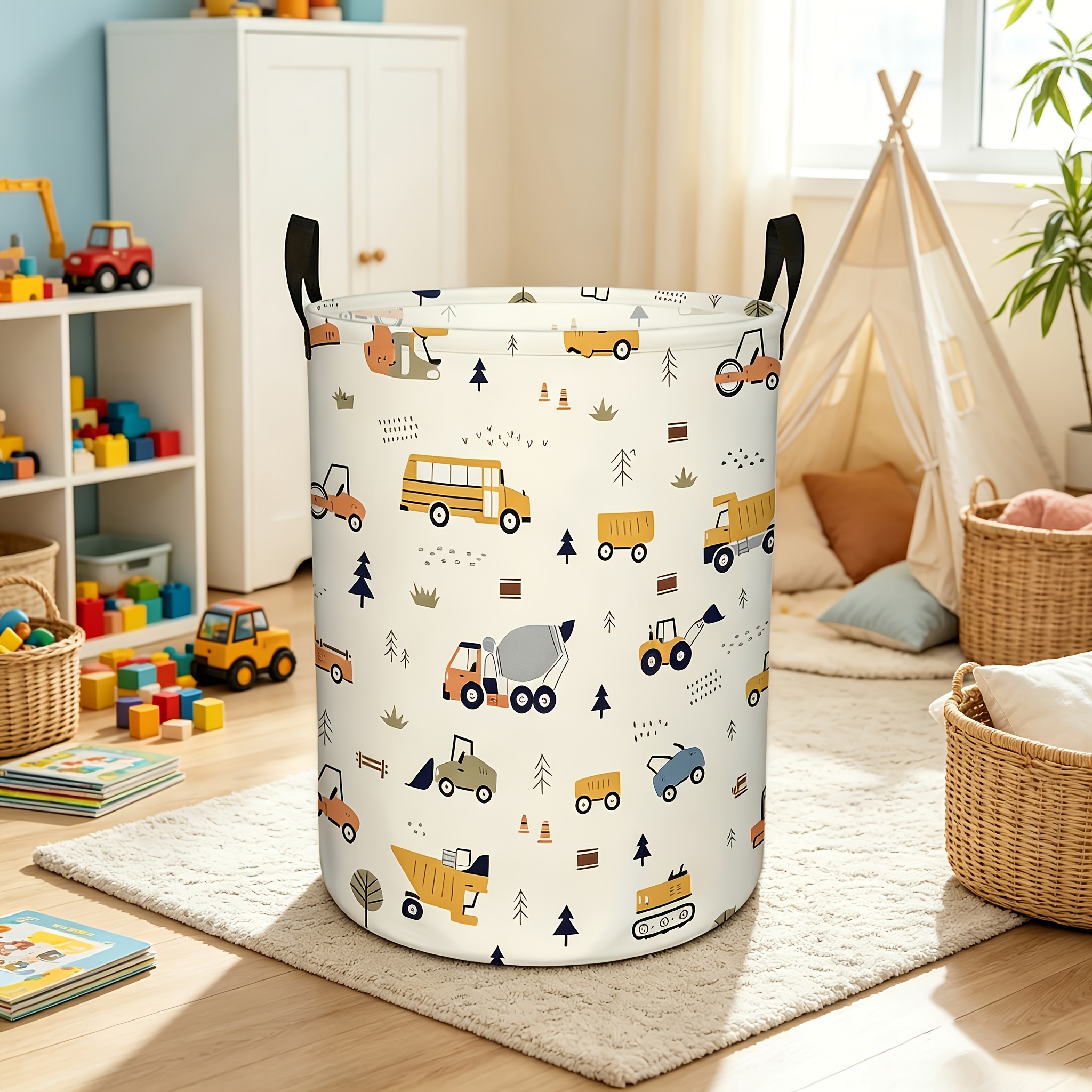 TEMU 1pc Large Round Storage Basket With School Bus And Tree Pattern - Heavy-duty Polyester Foldable Laundry Basket, Suitable For Room, Dormitory,