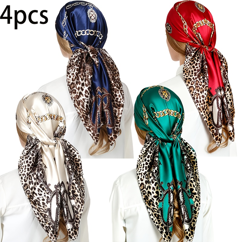 TEMU 4pcs Satin 90cmhead Scarf For Women's Hair- Chain & Leopard Print Versatile Chic Scarves For Women (scarf/shawl/headwrap)