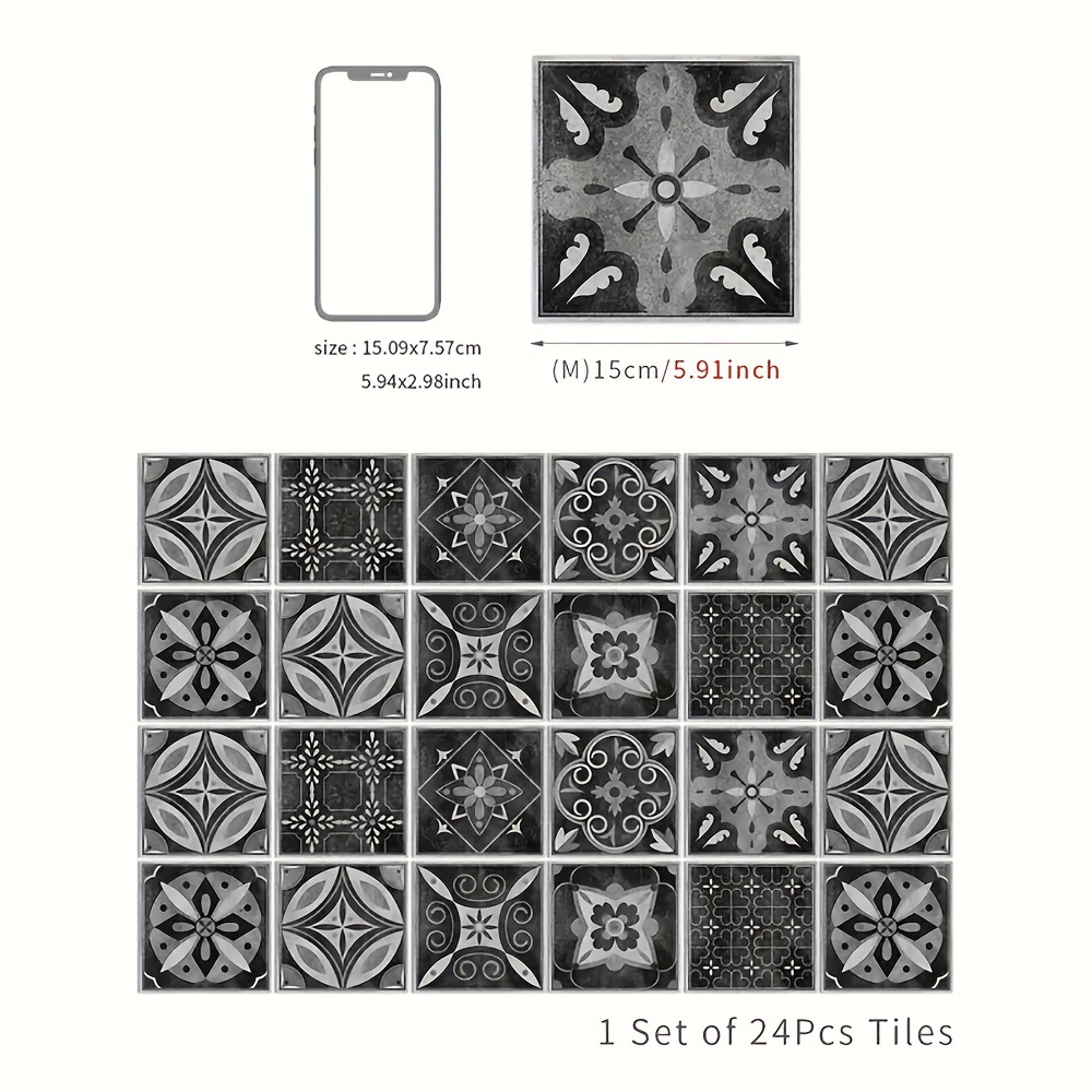 Image of 24pcs 1 Set Decorative Stickers Porcelain Tiles Creative European Floral Pattern Bathroom Kitchen Tiles Waterproof Self-adhesive Removable Pvc Decorative Stickers