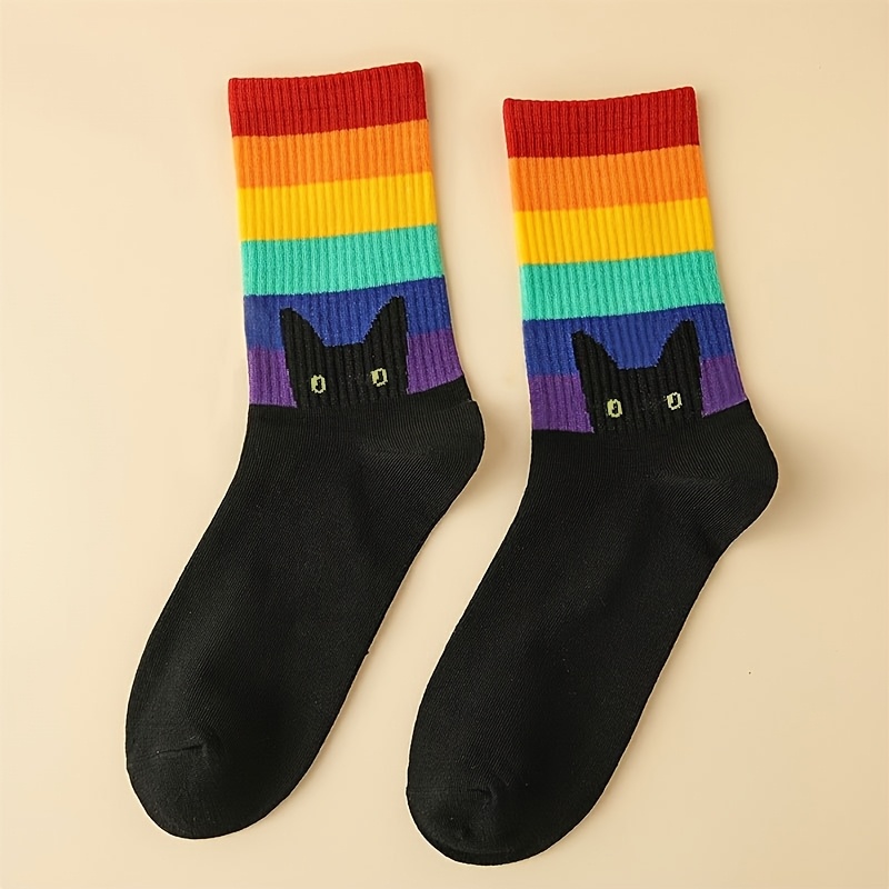 Image of 1 Pair Of Women's Mid-calf Socks With Rainbow Cat Print Design, Multicolor Striped Socks, Suitable For Daily Wear