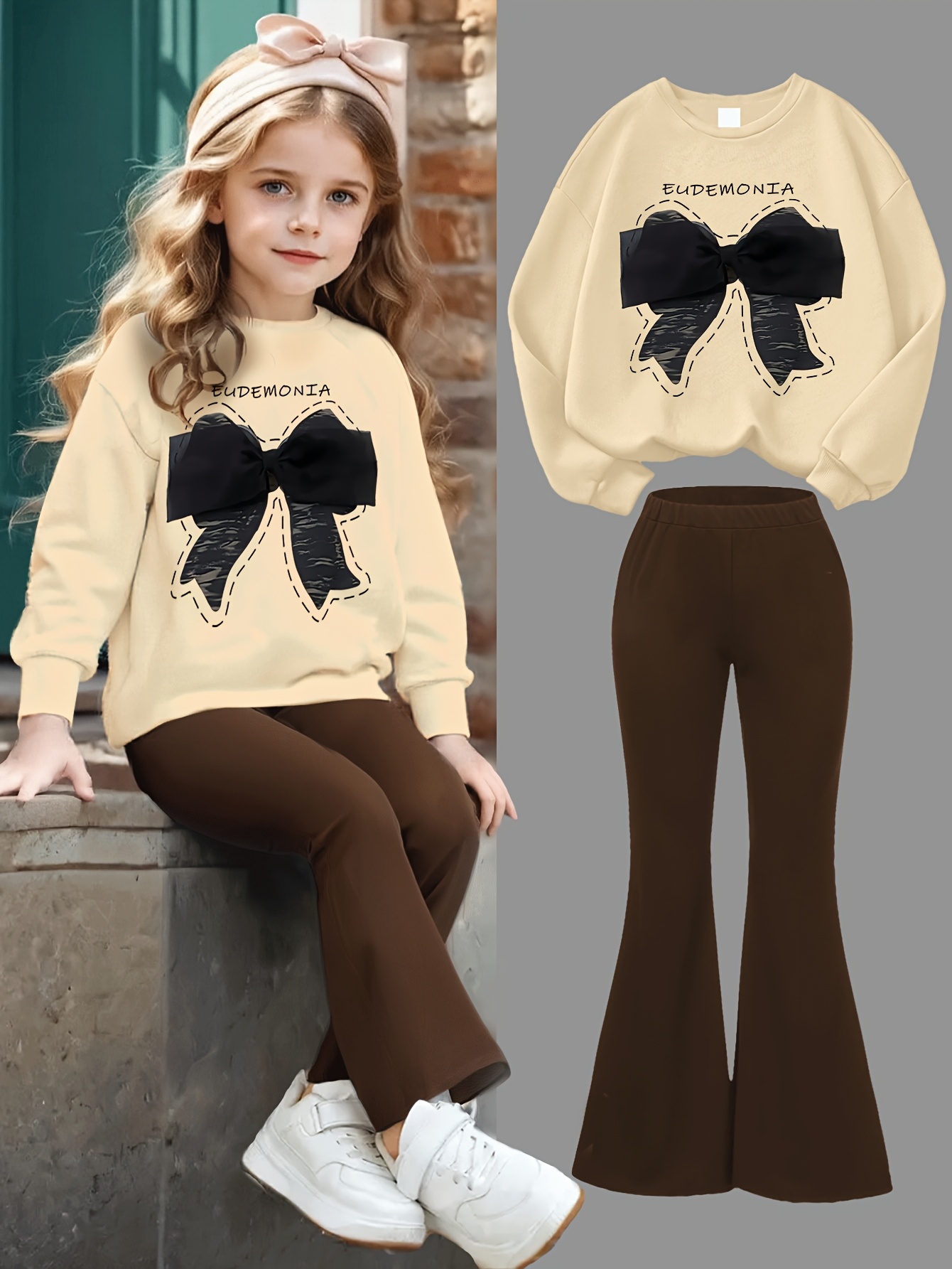 Meisjes Modieuze Schattige Stijl Zwarte Strik Cartoon Print Ronde Hals Sweatshirt & Slim Fit Wijd Uitlopende Broek