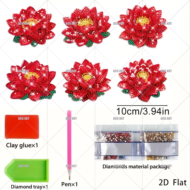 TEMU 6pcs 6pcs Red For Lotus Mandala Diamond Painting Coaster Kit With Round Diamonds - Diy Suitable For Decor, Non-slip Drink Mats, Car Cup Holders,