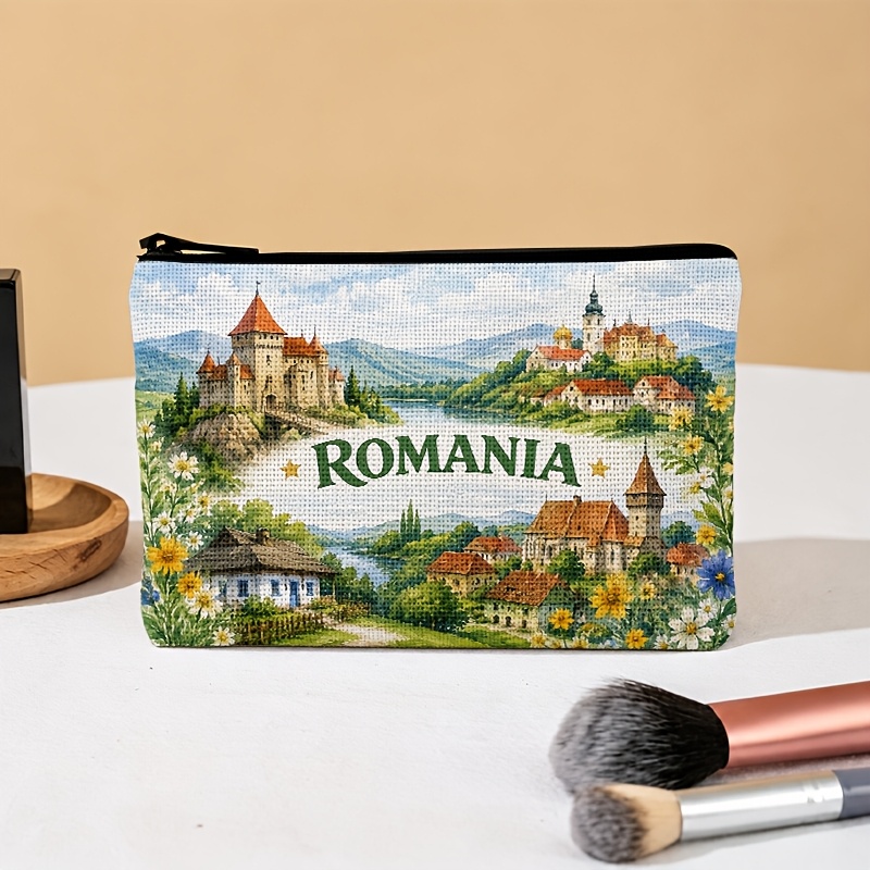 TEMU 2d Flat Double-sided Printed Makeup Bag, 1pc High-end Vintage Style, Romanian Scenery Illustration Large Capacity Cosmetic Pouch, Thickened