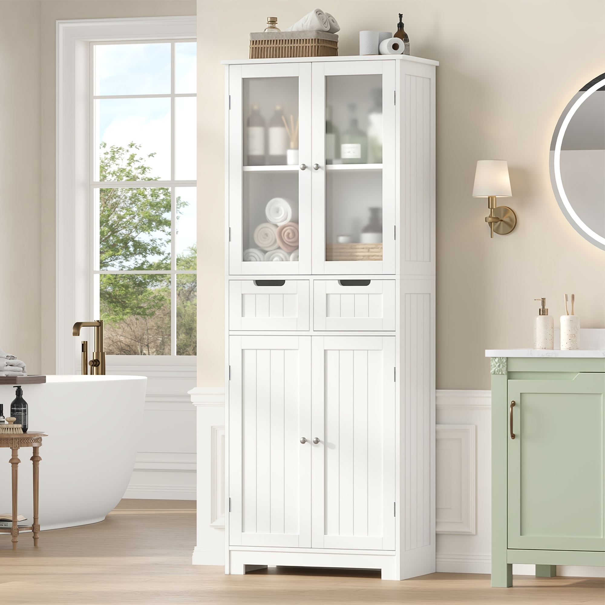 Image of Kealive Bathroom Storage Cabinet, Tall Wooden Floor Cabinet With Drawer And Door, Freestanding Bathroom Organizer