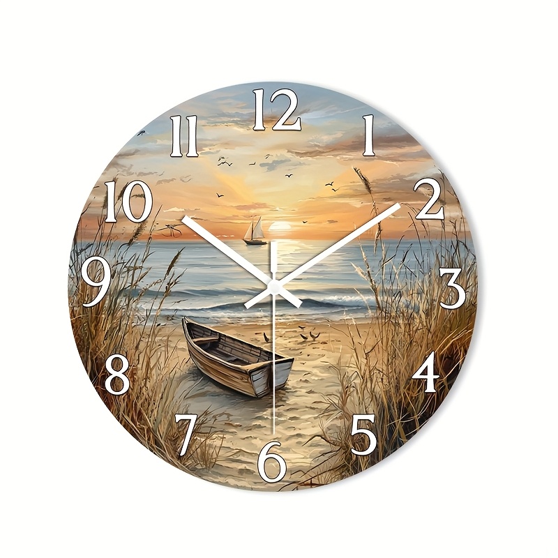 TEMU 1pc 2d Flat Wall Clock Non-ticking Wooden, Circular Clock Hd Glossy Lamination Finish Coastal Sunset With Boat Design For Bedroom, Dining Room,