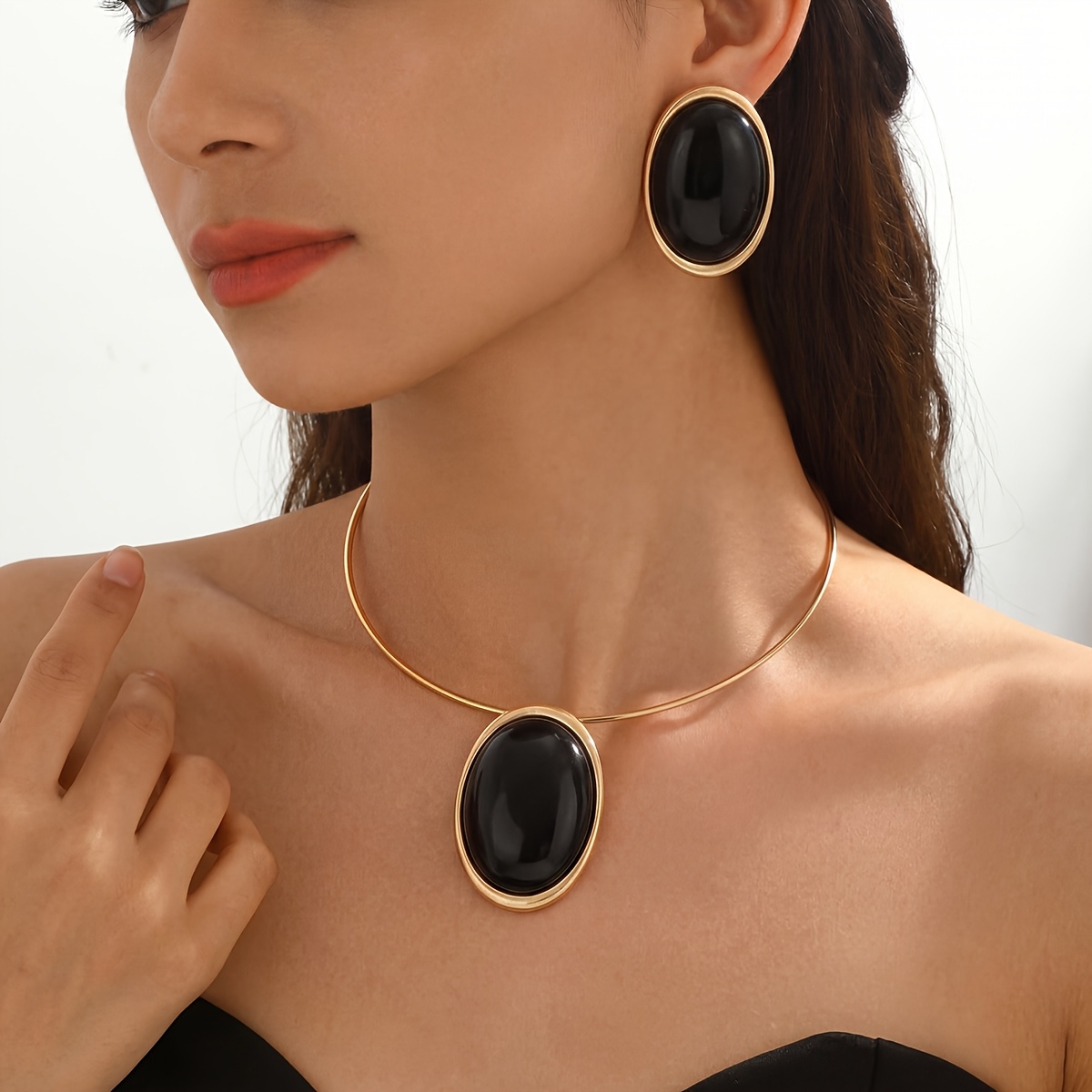 TEMU 2pcs Set Women's Jewelry Set, Oval Black Contrast Earrings And Choker, Simple And Elegant, Vintage Style, Spring/summer And Fall/winter Outfits,