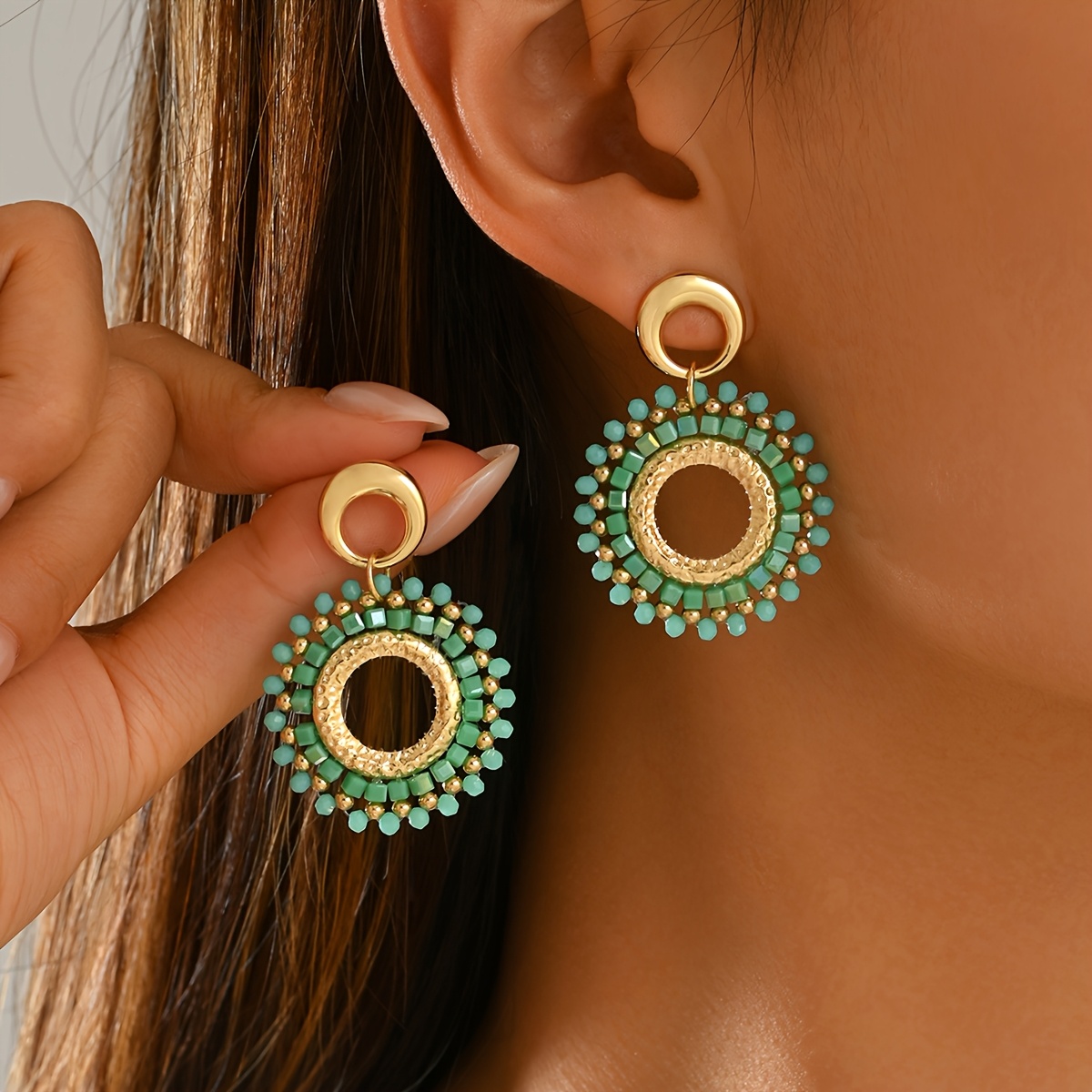 Bohemian Ethnic Hand-woven Beaded Round Pendant Earrings