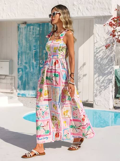 womens dress summer style vacation print elements bohemian style spaghetti strap cinched waist flared vacation beach daily outing