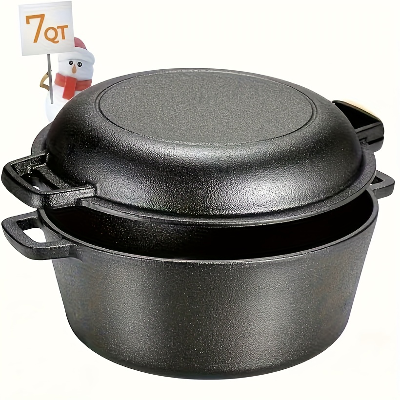 TEMU Marmite Hollandaise 2-en-1 en Fonte Pré-Assaisonnée avec Couvercle Poêle, Marmite 4,8 L + Poêle à 1,8 L, Batterie de Cuisine Robuste pour