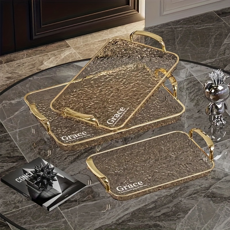 TEMU 3pcs Transparent Elegant Golden-rimmed Rectangular Trays Set, Large/medium/small Pte Transparent Serving Platters With Handles - Ideal For
